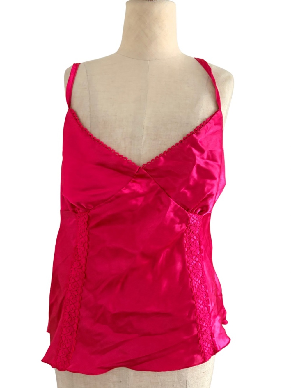 Vtg I. N. Studio  Womens Lace Satin Hot Pink‎ Babydoll Tank Top Cami Size XL Y2K